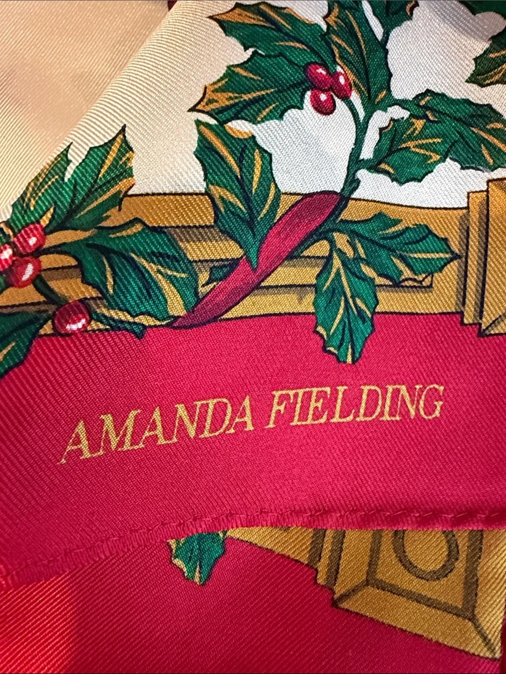 Vintage Amanda Fielding Silk Holiday Scarf Wreath Ribbon Bows Red Cream